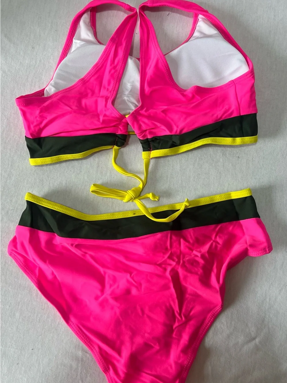 Girls' Neon Pink Two-Piece Swim Set with Black and Yellow Trim